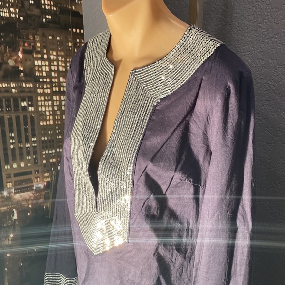 TORY BURCH - l/s dark blue tunic: silver sequins on neck & cuffs, hip slits - 8 - Picture 8 of 16